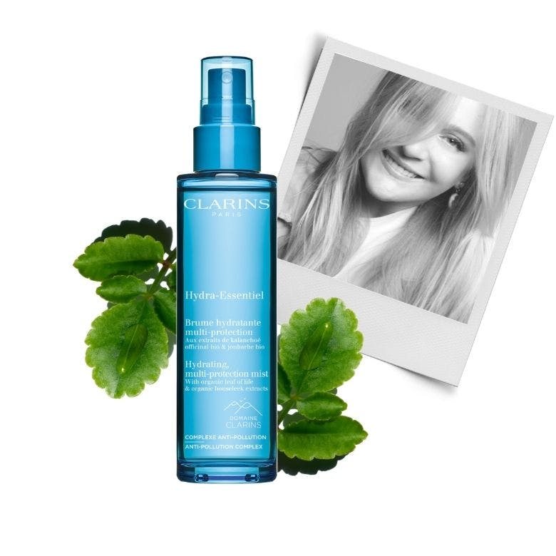 Image of Sarah Joan Ross andClarins Hydra-Essentiel Hydrating Multi-Protection Mist