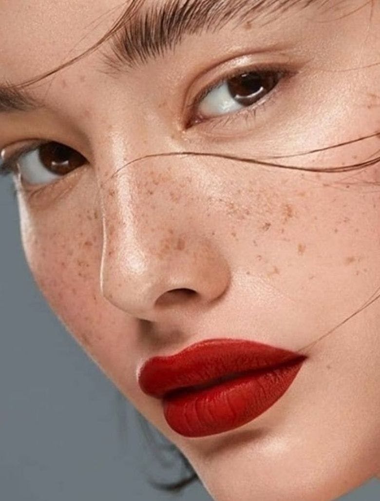 Woman wth red lips and faux freckles 