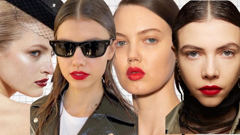 Collage of AW22 beauty looks with red lips