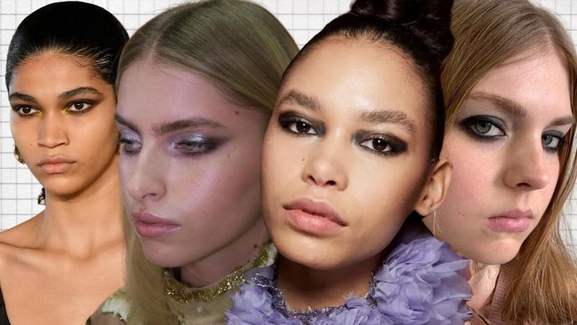 Collage of AW22 beauty looks that feature smokey eyes