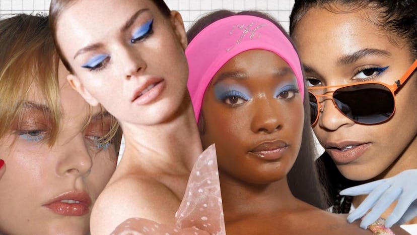 Collage of AW22 beauty looks with blue elements