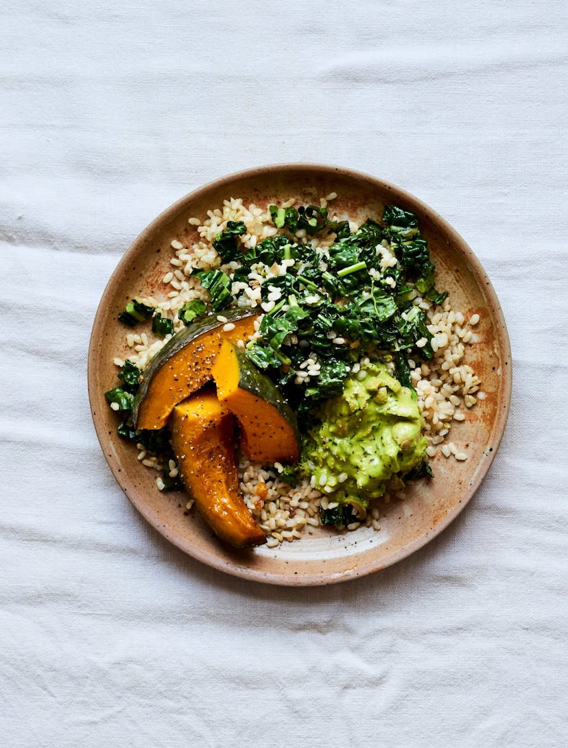 Delica squash and braised kale with green olive tapenade