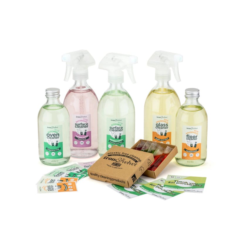 Plastic-Free Soluble Cleaning Sachets (set of 5) With Glass Bottles And Labels, £29.99  